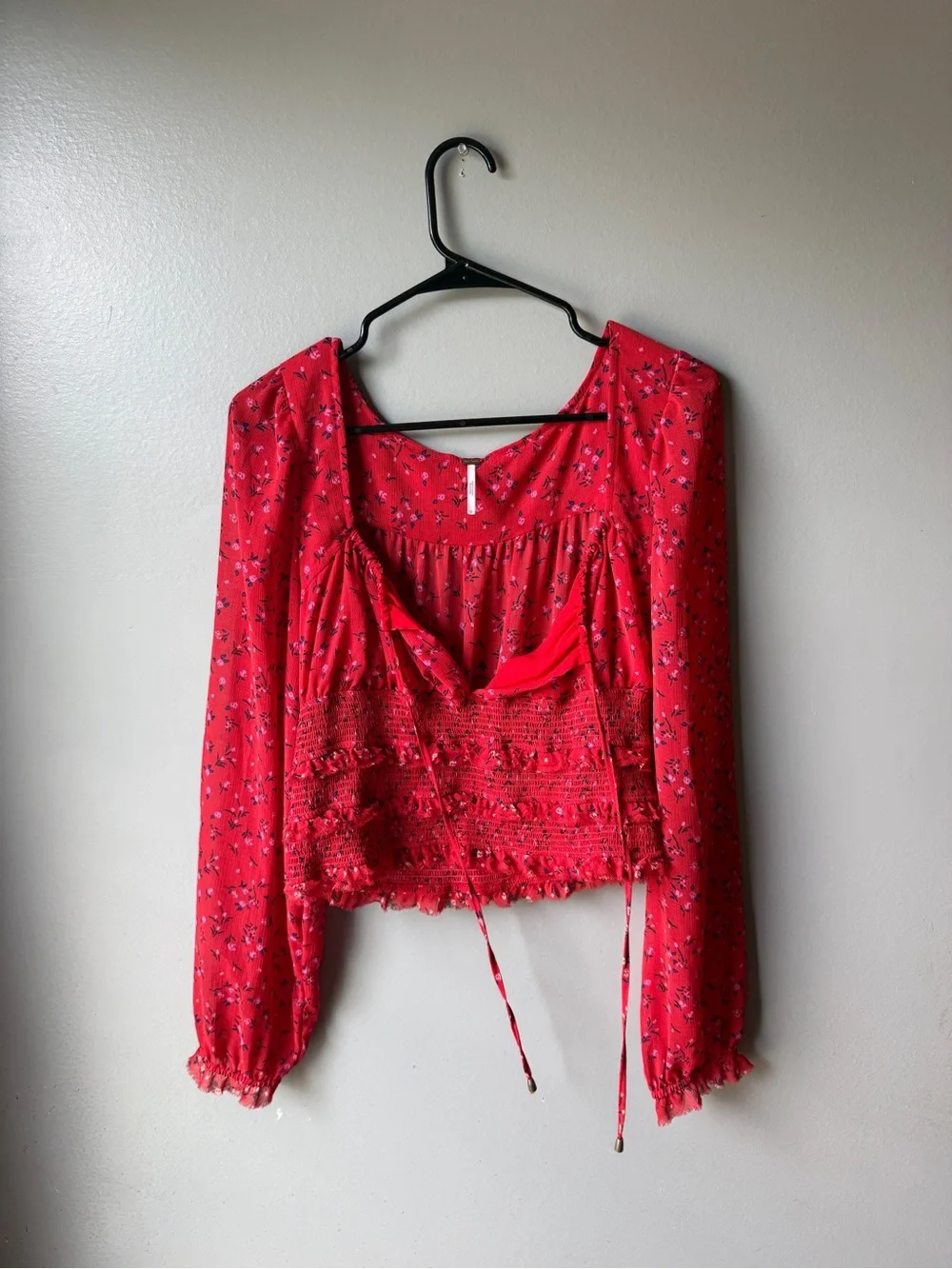 Red Floral Free People Smocked Lolita Long Sleeve Boho Cottagecore Top